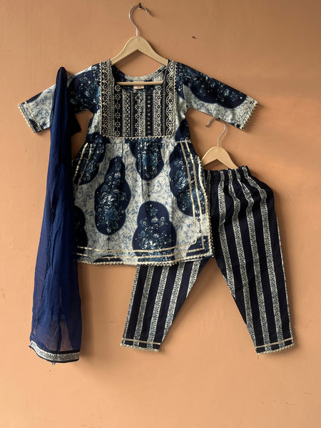 Blue Cotton Kurta Pants Dupatta Set