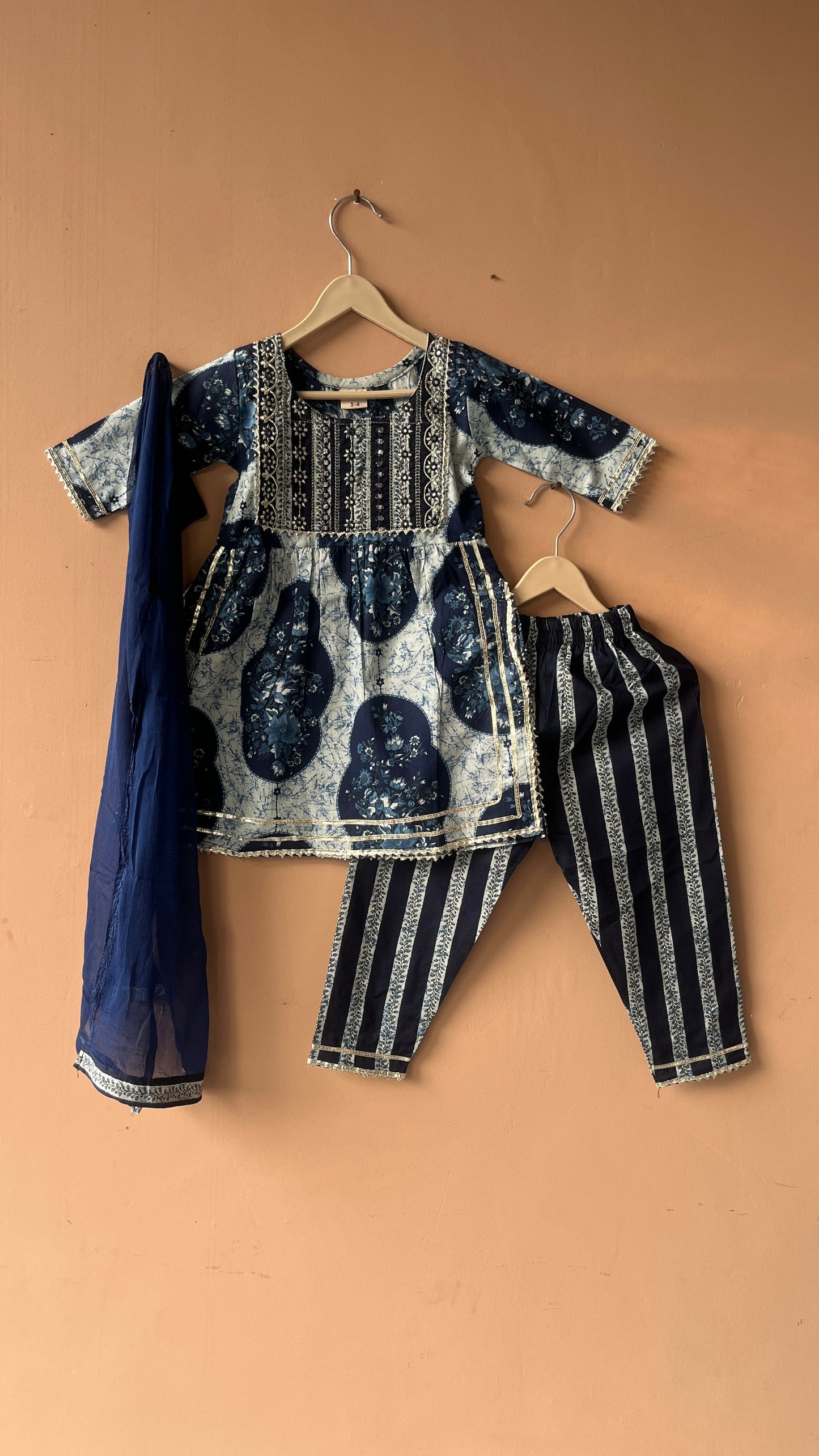 Blue Cotton Kurta Pants Dupatta Set