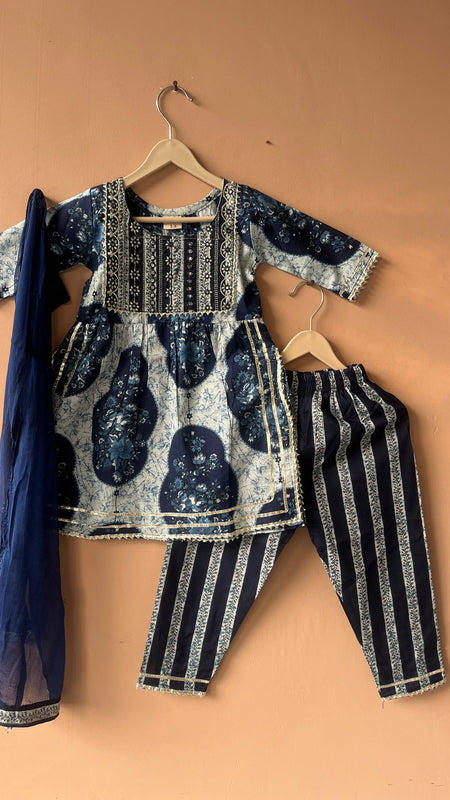 Blue Cotton Kurta Pants Dupatta Set