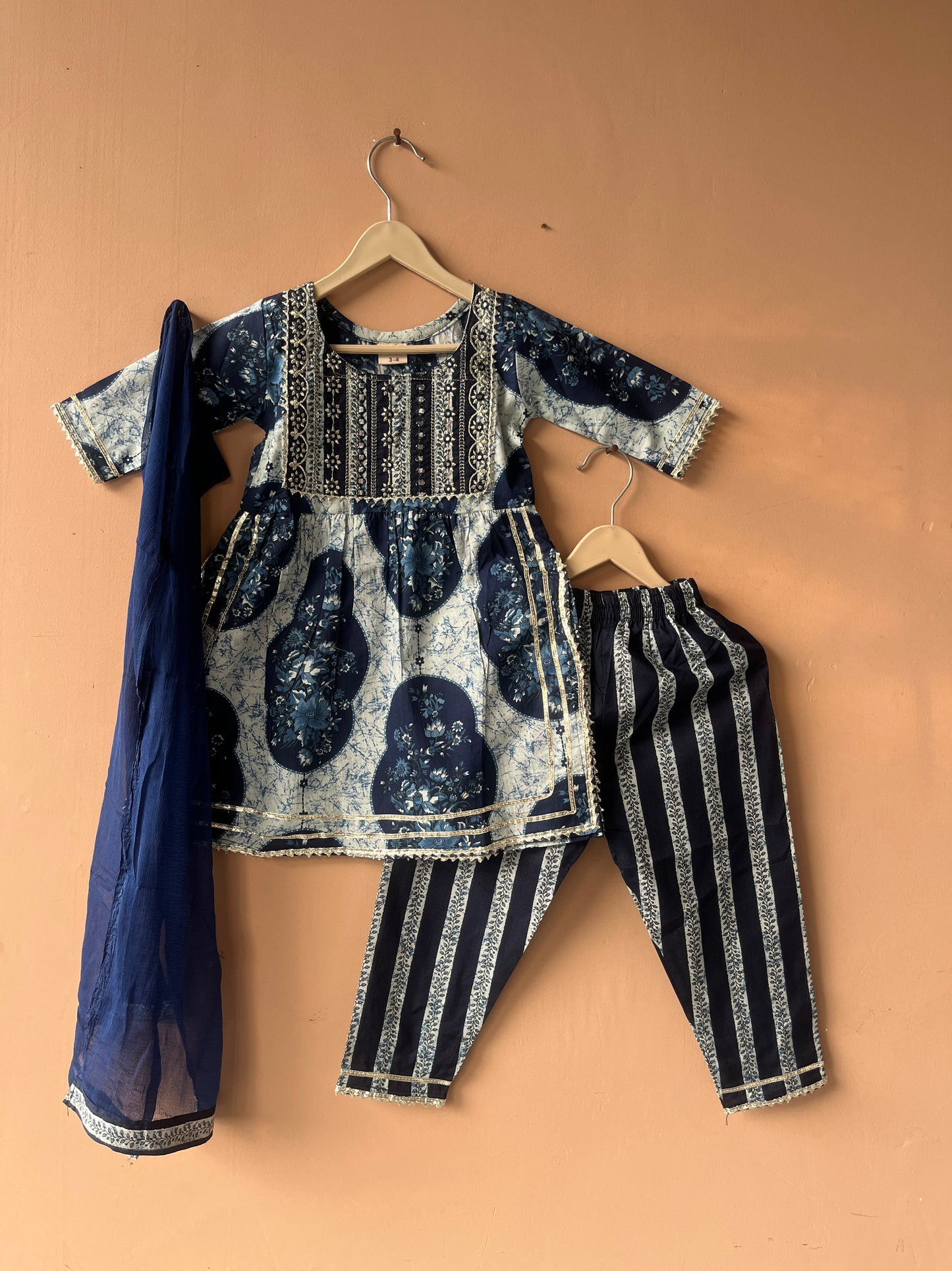 Blue Cotton Kurta Pants Dupatta Set