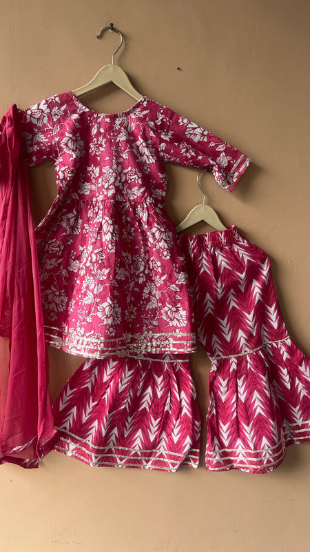 Pink Cotton Kurta Garara Dupatta Set