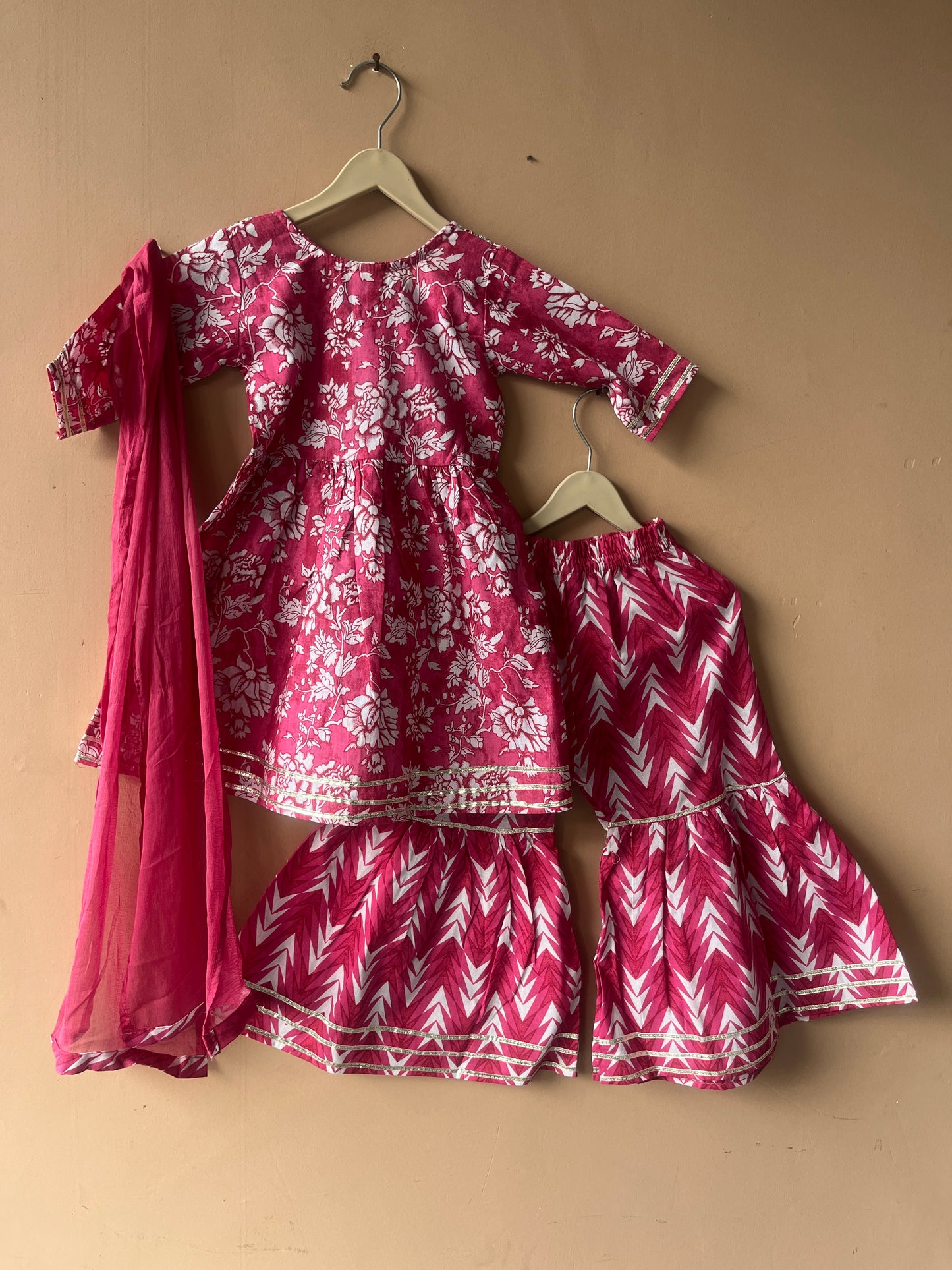 Pink Cotton Kurta Garara Dupatta Set