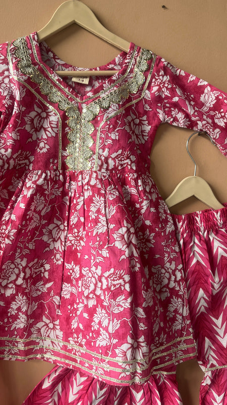 Pink Cotton Kurta Garara Dupatta Set
