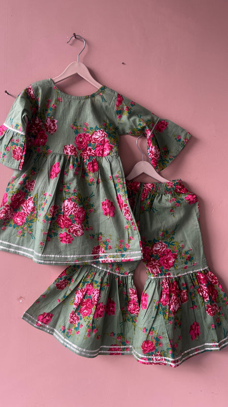 Green Cotton Kurta Garara Dupatta Set