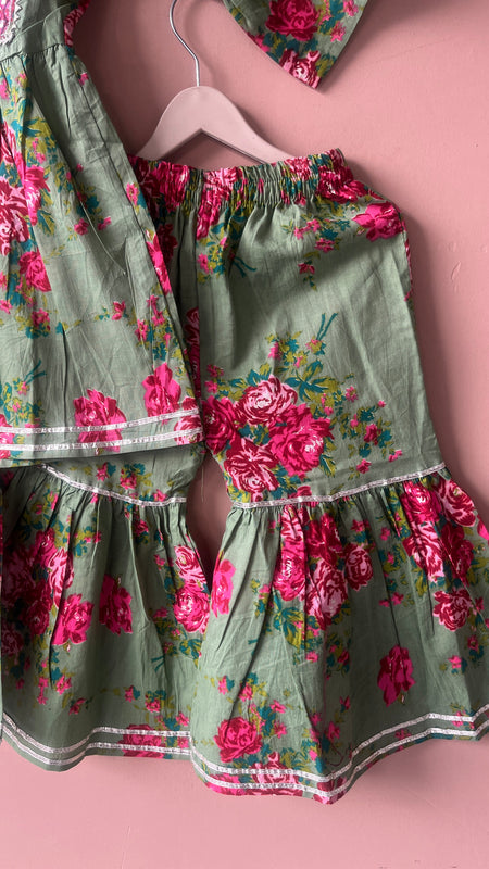 Green Cotton Kurta Garara Dupatta Set