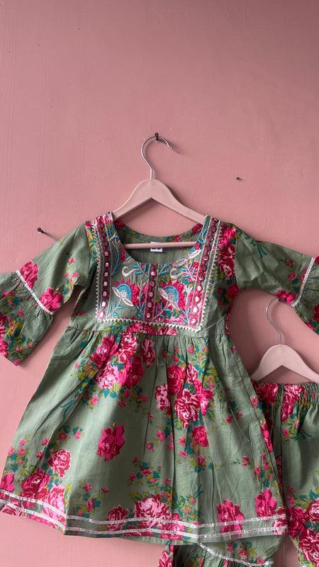 Green Cotton Kurta Garara Dupatta Set