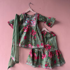 Green Cotton Kurta Garara Dupatta Set