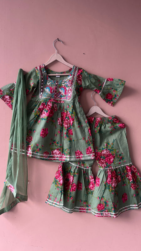 Green Cotton Kurta Garara Dupatta Set