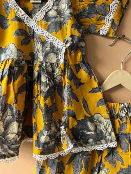 Yellow Grey Floral Print Coord set