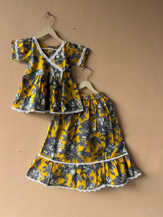 Yellow Grey Floral Print Coord set