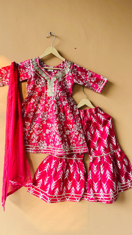 Pink Cotton Kurta Garara Dupatta Set