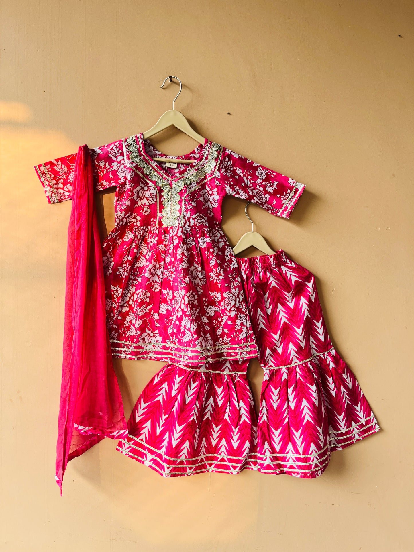 Pink Cotton Kurta Garara Dupatta Set