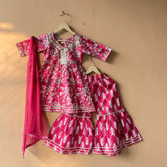 Pink Cotton Kurta Garara Dupatta Set