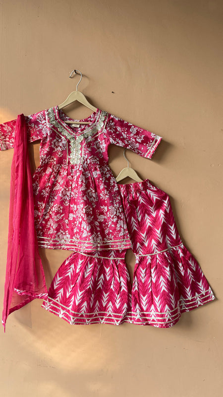 Pink Cotton Kurta Garara Dupatta Set
