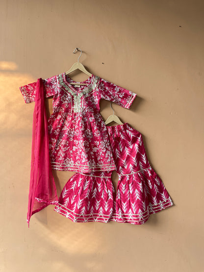 Pink Cotton Kurta Garara Dupatta Set