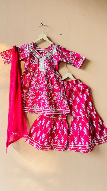Pink Cotton Kurta Garara Dupatta Set