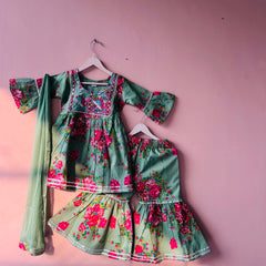Green Cotton Kurta Garara Dupatta Set