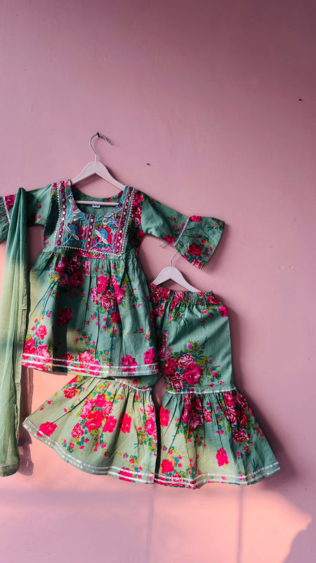 Green Cotton Kurta Garara Dupatta Set