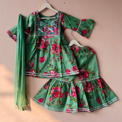 Green Cotton Kurta Garara Dupatta Set