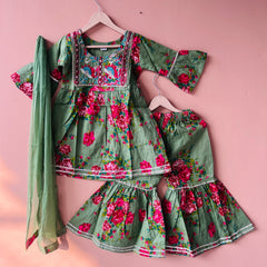 Green Cotton Kurta Garara Dupatta Set