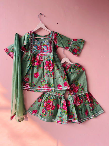 Green Cotton Kurta Garara Dupatta Set