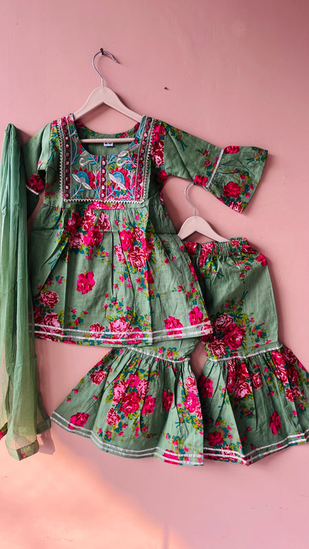 Green Cotton Kurta Garara Dupatta Set