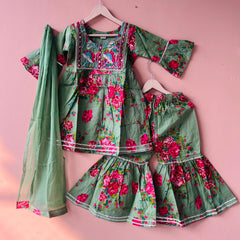 Green Cotton Kurta Garara Dupatta Set