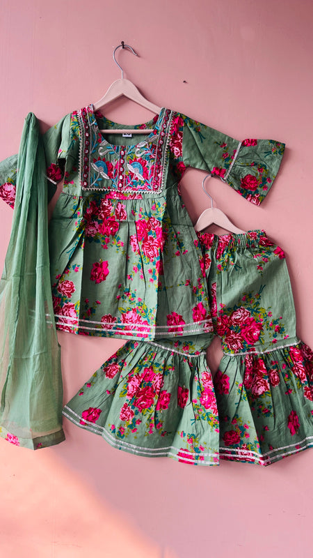 Green Cotton Kurta Garara Dupatta Set